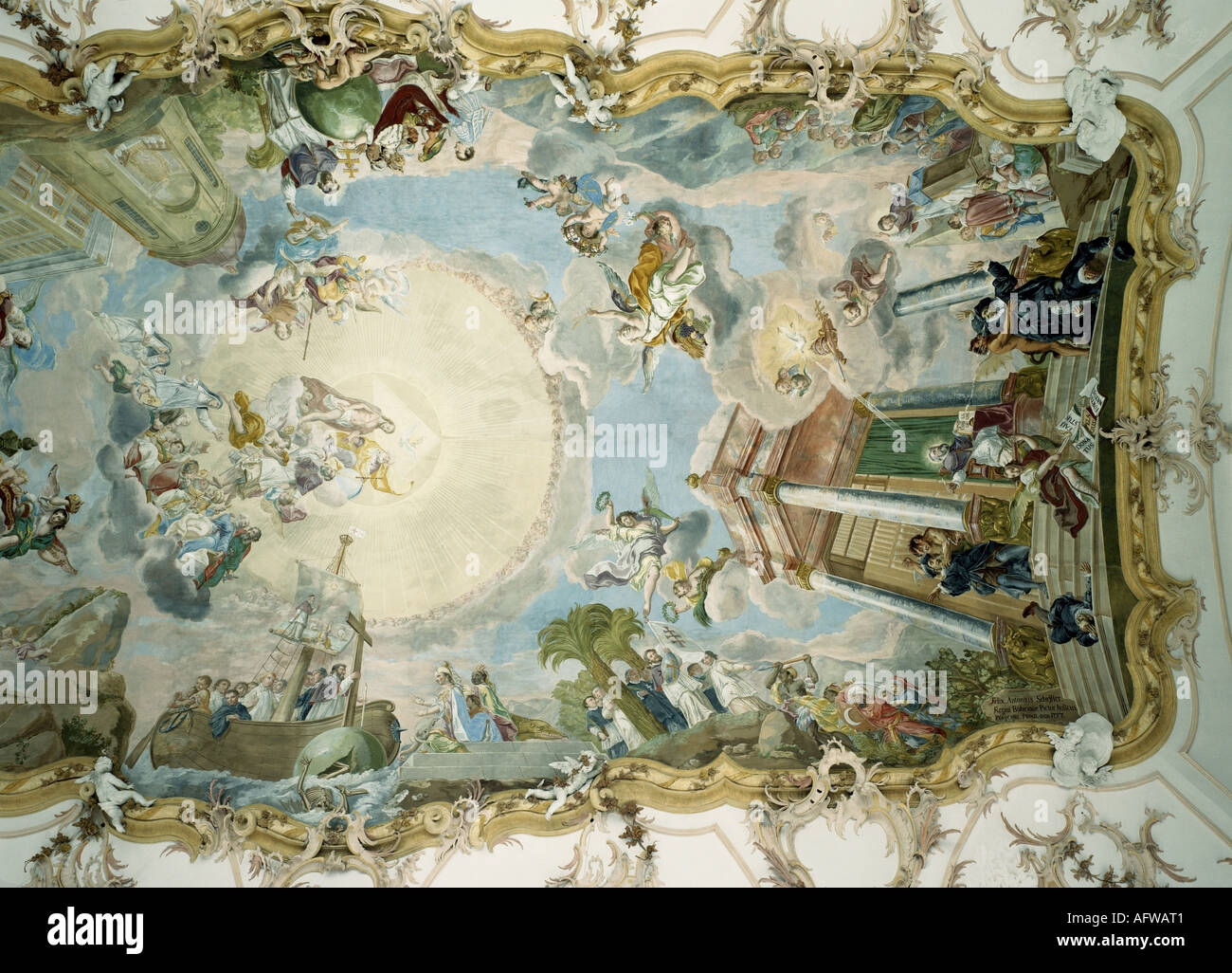 Geographie/Reisen, Deutschland, Bayern, Altenmarkt an der Alz, Klöster, Kloster Baumburg, Pfarrkirche, 1754 - 1757, gebaut von Franz Alois Mayr, Innenansicht, Blick auf Kuppel mit Fresken von Felix Anton Scheffler,, Additional-Rights - Clearance-Info - Not-Available Stockfoto