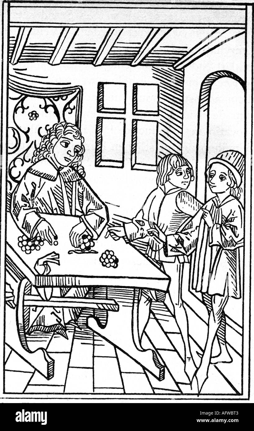 Geld, Geldwechsler, Holzschnitt, "Deutsche Seele Trost", Augsburg, 1478, Bank, Tisch, Münzen, Mittelalter, Deutschland, Stockfoto