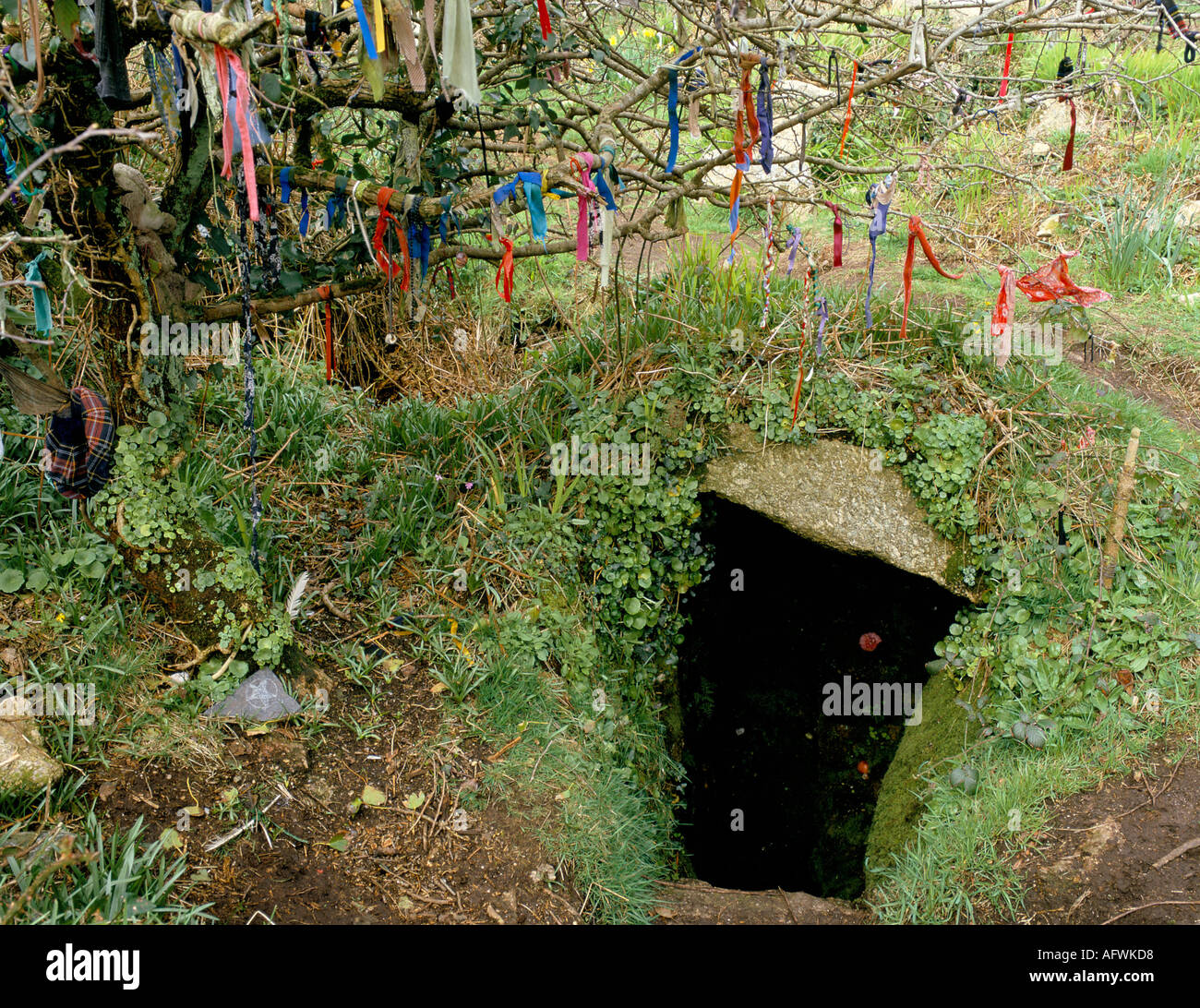 Clootie Well Cornwall UK. Wolken hängen in einem Baum über dem Eingang zum heiligen Brunnen von Sancreed. Votivopfer, um die Götter zu besänftigen. 1990er Jahre HOMER SYKES Stockfoto