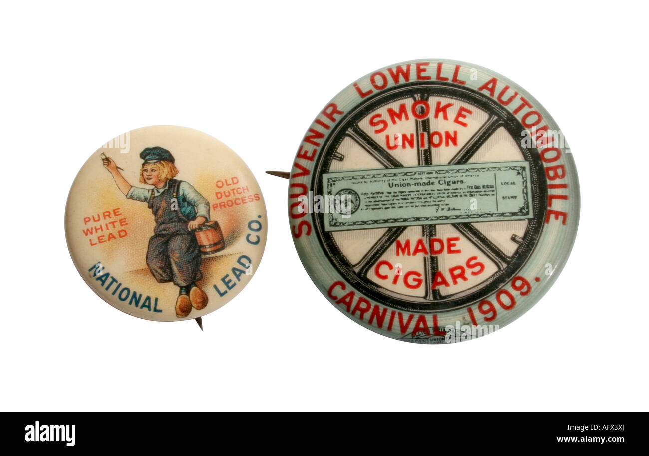 Antike Knöpfe für National führen Co Farbe und Union Zigarren bei 1909 Lowell Automobil Carvinal Stockfoto