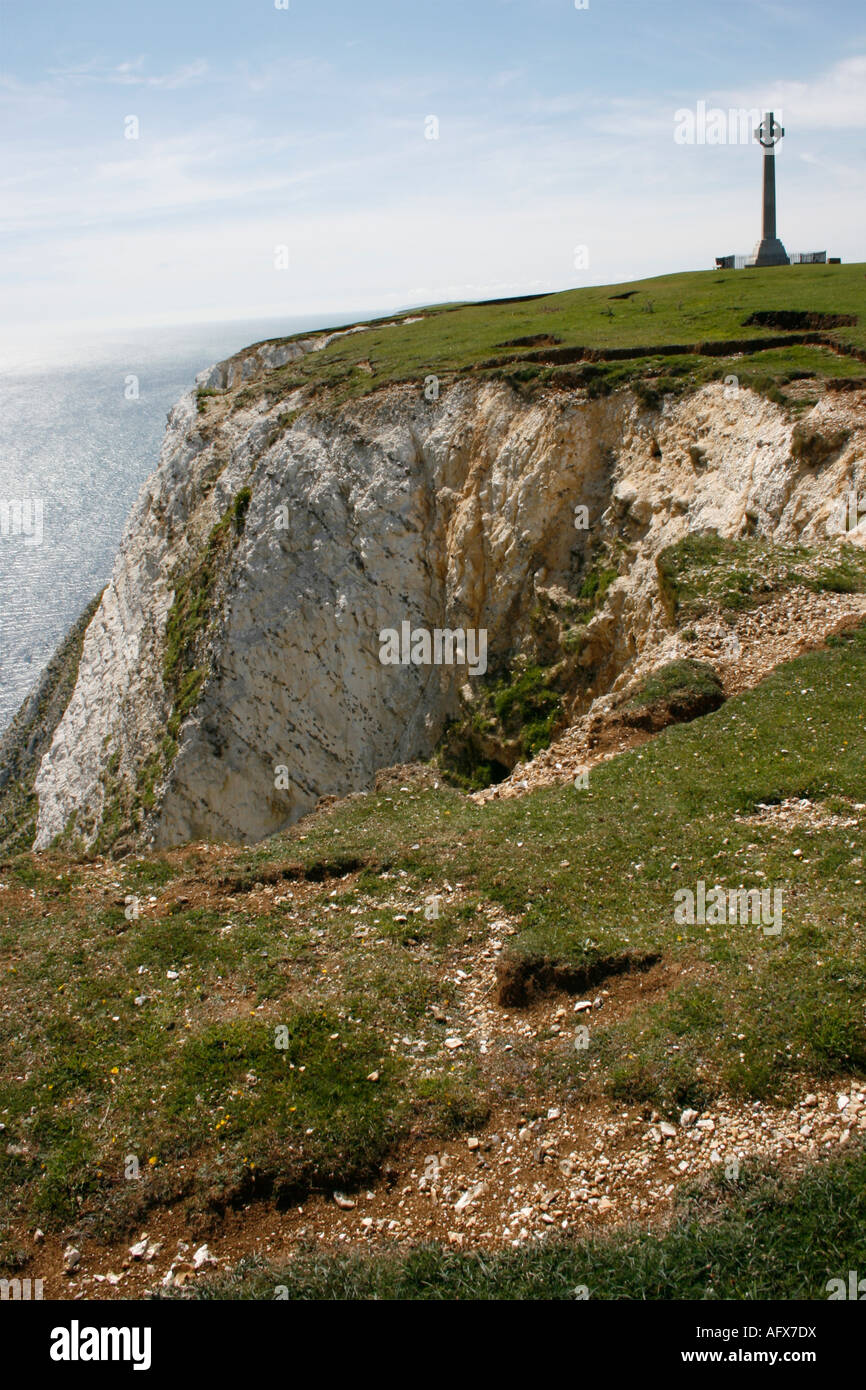 Cliff Erosion auf Tennyson Down und Lord Tennyson memorial Stockfoto