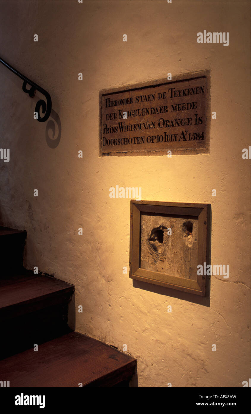 Niederländischen Delft Einschusslöcher an Wand im Museum Prinsenhof nannten den Ort wo Prinz William I der Orange wurde ermordet Stockfoto