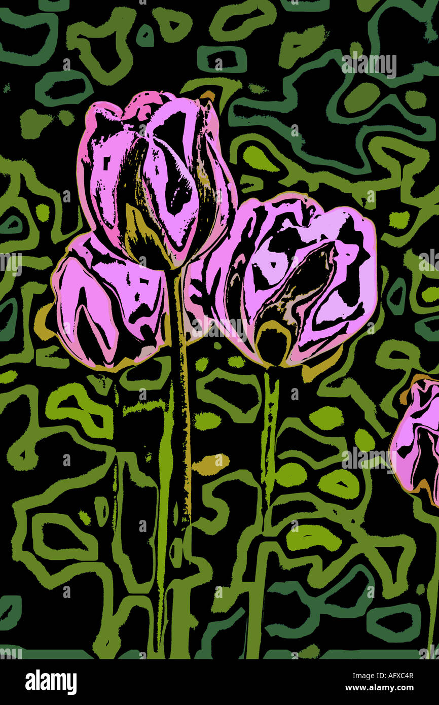 Grafische Darstellung der "Holzschnitt-Stil" der drei Tulpen Stockfoto