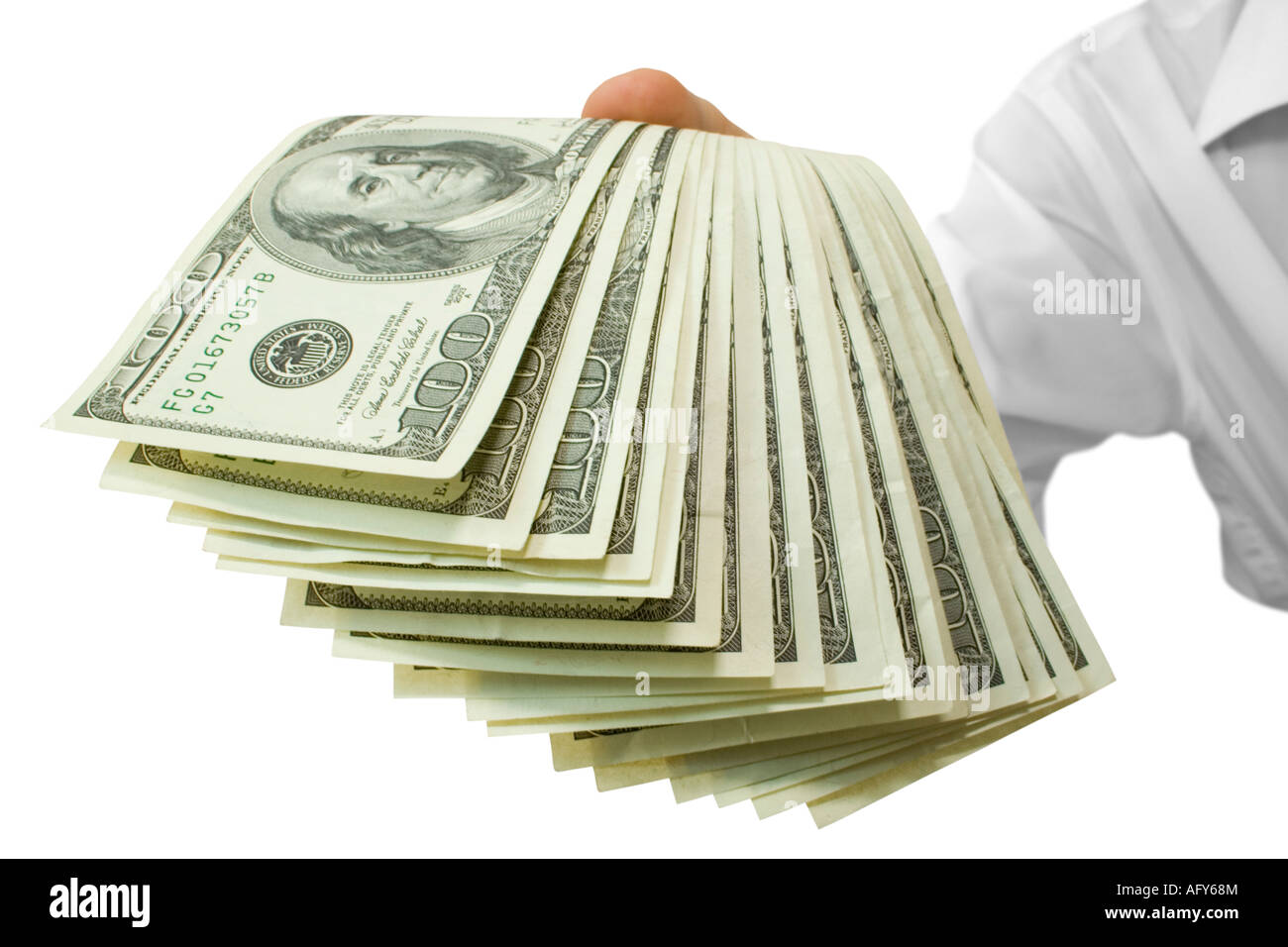 Geld in Händen isoliert auf weiss enthält Beschneidungspfad Stockfoto