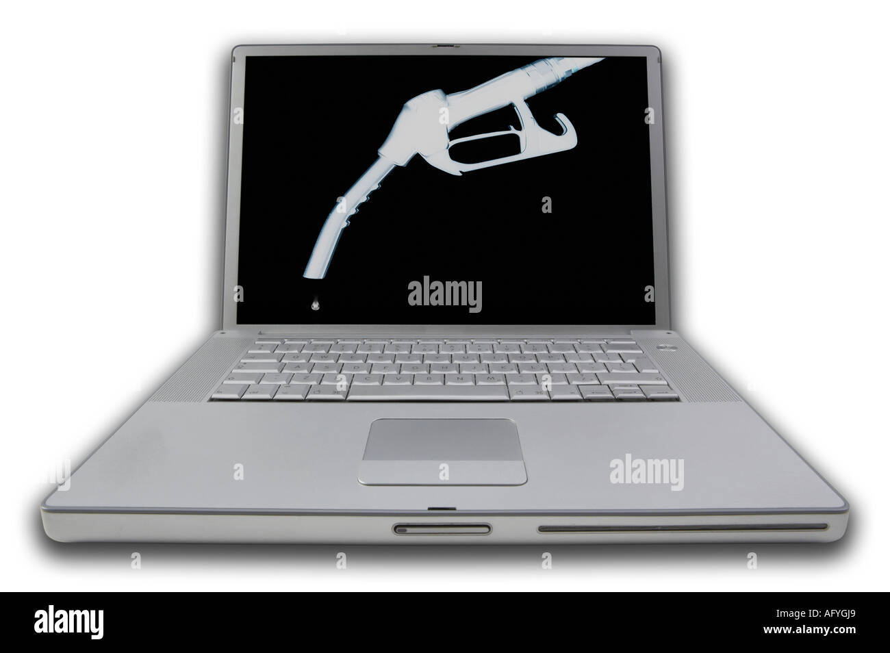 RUNDE KOPFNOTE BUCH PERSÖNLICHE COMPUTER MIT BILDSCHIRM ANZEIGE BILD DER BENZIN-PUMPE-DÜSE TROPFT KRAFTSTOFF Stockfoto