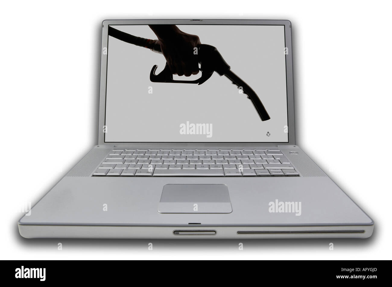 RUNDE KOPFNOTE BUCH PERSÖNLICHE COMPUTER MIT BILDSCHIRM ANZEIGE BILD VON HAND MIT ZAPFSÄULE MIT TROPFEN KRAFTSTOFF Stockfoto