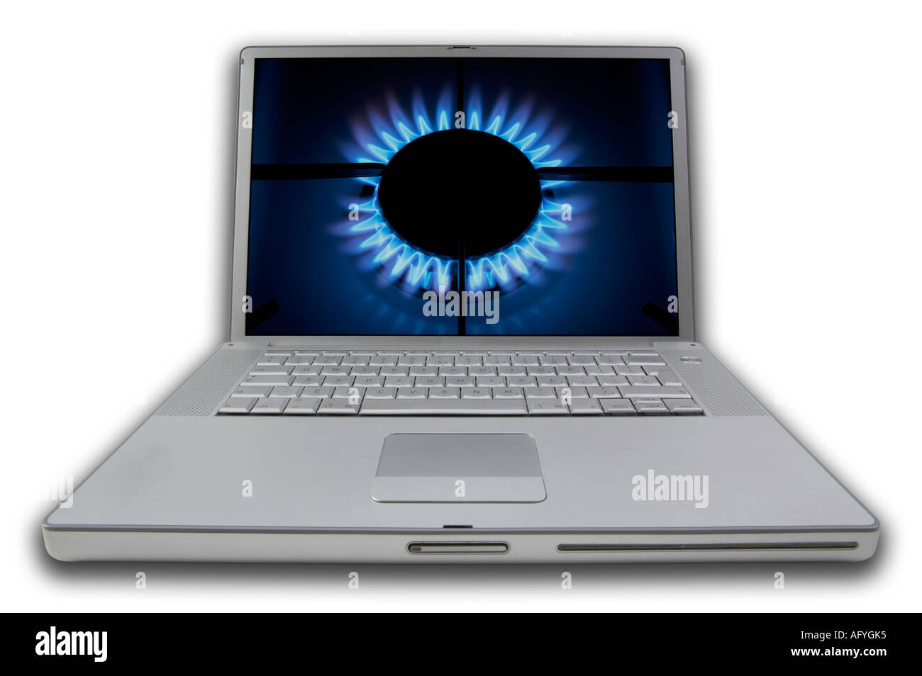 RUNDE KOPFNOTE BUCH PERSÖNLICHE COMPUTER MIT BILDSCHIRM ANZEIGE BILD DES BLAUEN FLAMMEN AUF BRENNENDES GAS HERD KOCHFELD Stockfoto