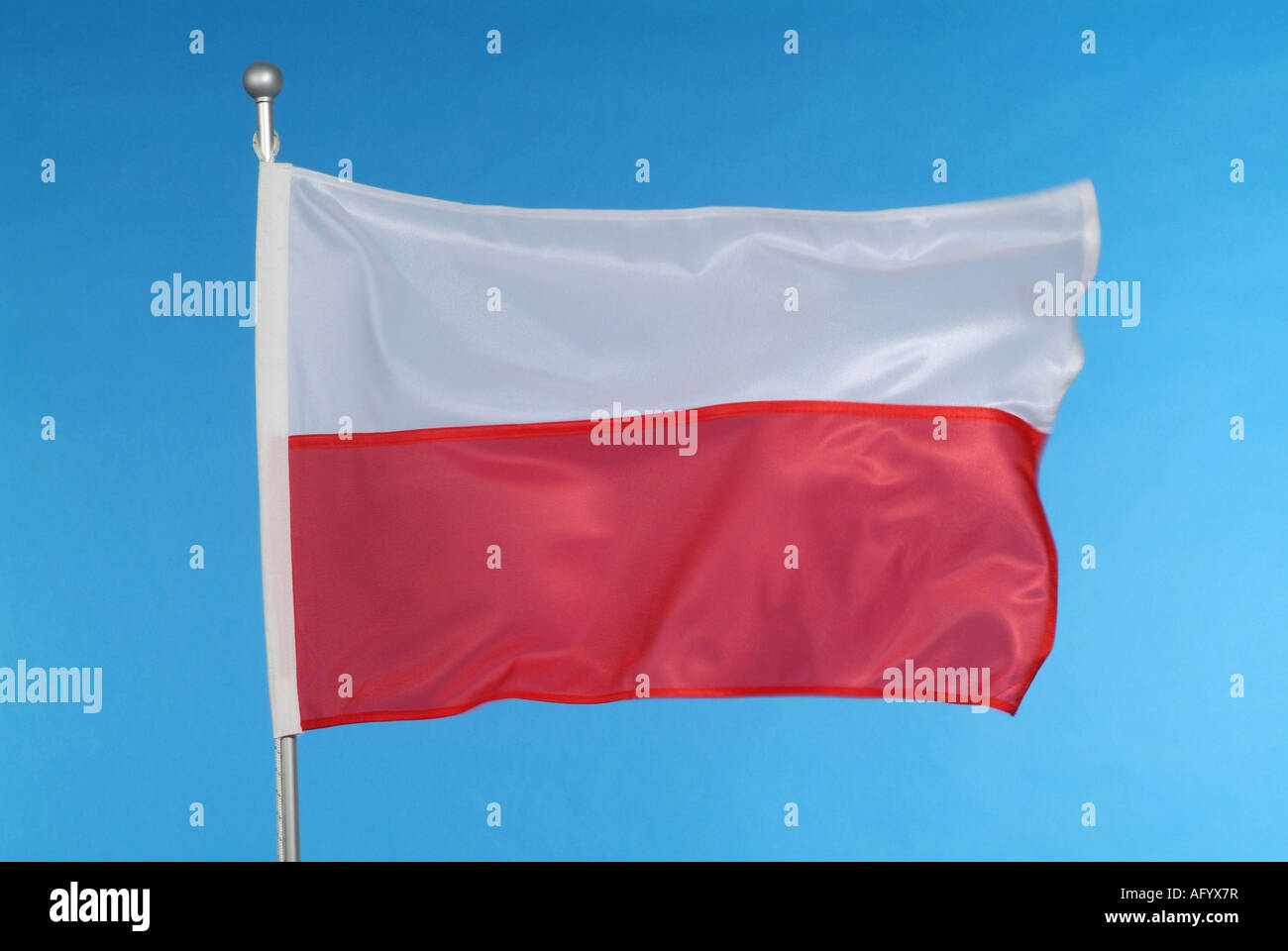 Polnische nationale Flagge gegen blauen Himmel Stockfoto
