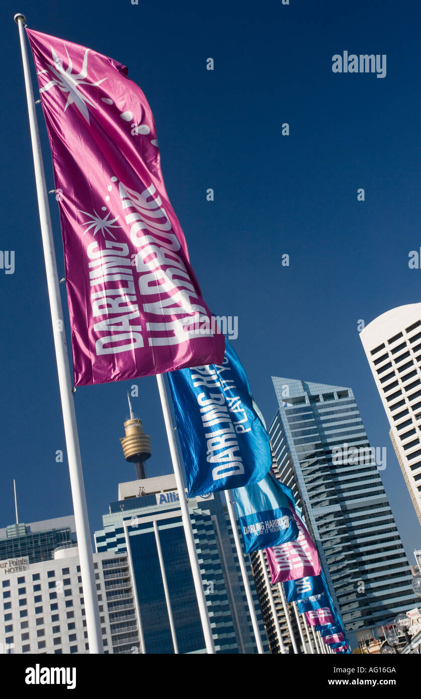 Fahnen in Darling Harbour in Sydney Australia Stockfoto