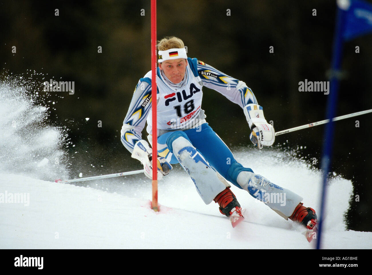 Wasmeier, Markus, * 9.9.1963, Deutsche Leichtathletin, Alpin-Skiing, volle Länge, Skiweltmeisterschaft, Crans-Montana, Schweiz, 1987, Stockfoto