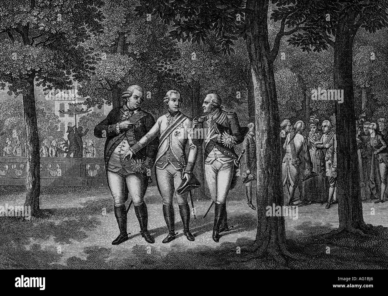 Ereignisse, Krieg der Ersten Koalition - 1730-1, Konferenz in Pillitz, 25.- 27.8.1701, Treffen von König Friedrich, Wilhelm II. Von Preßburg, Kaiser Leopolds II. Und Karl Graf von Artois (König Karl X. von Frankreich), zeitweilige Gravur von Fleischmann, Nürnberg, Deutschland Österreich, Politik, Erklärung von Pillitz, Heiliges Römisches Reich, Jahrhundert, historisch, historisch, Sachsen, Friedrich Wilhelm, Volk, Stockfoto