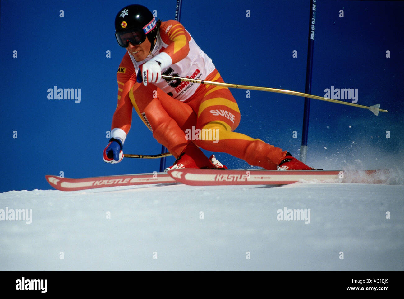 Zürbriggen, Pirmin, * 4.2.1963, Schweizer Athlet, Alpin-Skiing, volle Länge, Skiweltmeisterschaft, Crans-Montana, Schweiz, 1987, Stockfoto