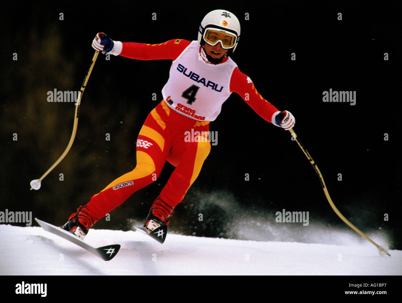 Walliser, Maria, * 27,5.1963, Schweizer Athletin, Alpinski, volle Länge, Skiweltmeisterschaft, Crans-Montana, Schweiz, 1987, Stockfoto