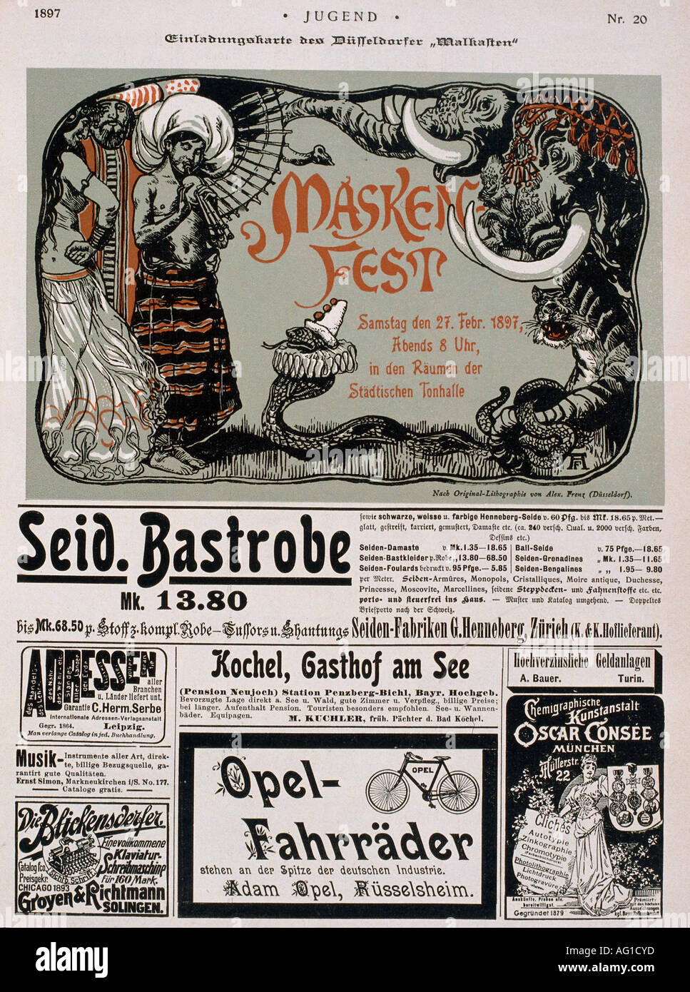 Presse/Medien, Zeitschriften, Jugend, München und Leipzig, 2. Jahrgang, 1897, Anzeigen, Maskenfest des Düsseldorfer 'Malkasten', Seidene Bastrobe, Seiden - Fabriken G. Henneberg, Opel - Fahrräder, Chemigraphische Kunstanstalt Oscar Consée, Stockfoto