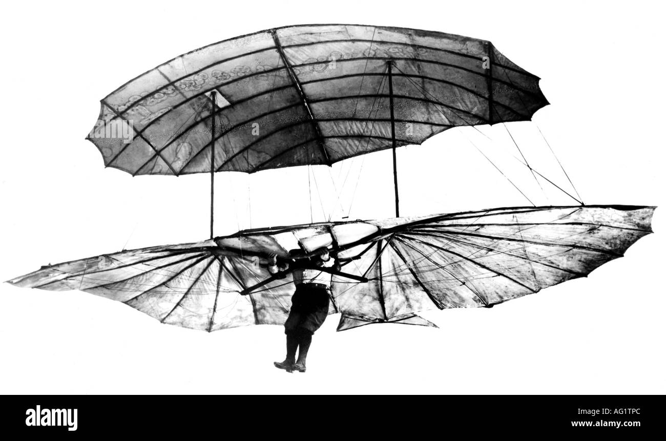 Lilienthal, Otto, 23.5.1848 - 10.5.1896, deutscher Luftfahrtpionier, halbe Länge, bei einem seiner Gleitflüge in einem Drachenflieger, etwa um das Jahr 1895, Stockfoto