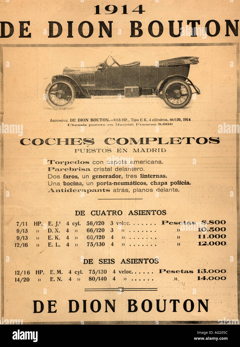 Spanisch Werbung für ein 1914 De Dion Bouton Auto. Stockfoto