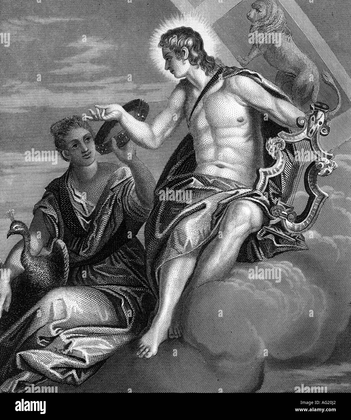 Apollon, Apoll, Apollo, griechische Gott, mit Hera, Stahlstich, 19. Jahrhundert, nach dem Gemälde von Paolo Veronese, Mythologie, Artist's Urheberrecht nicht gelöscht werden Stockfoto