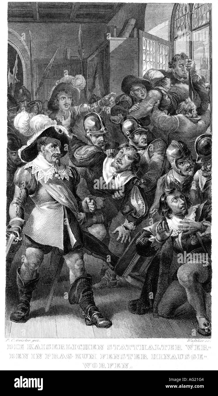 Ereignisse, Dreißigjähriger Krieg 1618 - 1648, zweite Vorherrschaft von Prag, 23.5.1618, Gravur von Walter, 19. Jahrhundert, böhmische protestanten, kaiserliche Ratgeber, Böhmen, 2., historisch, historisch, 17. Jahrhundert, Menschen, Stockfoto
