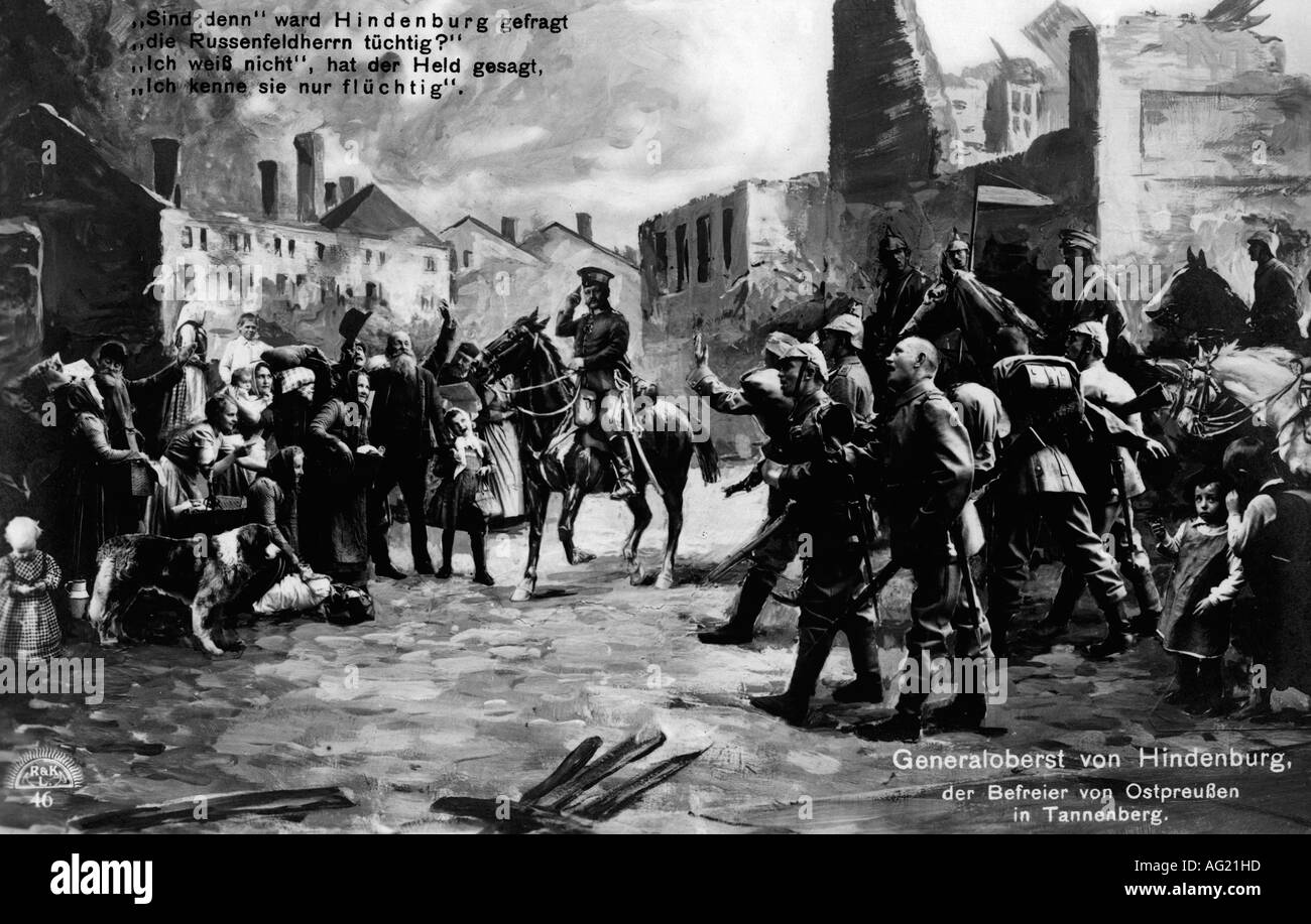 Ereignisse, Erster Weltkrieg/erster Weltkrieg, Ostfront, Schlacht bei Tannenberg 26.8.1914 - 30.8.1914, General Paul von Hindenburg Betreten Tannenberg, Postkarte, Deutschland, 1914, Ostpreussen, historisch, 1., Propaganda, Postkarten, Soldaten, Bürger, Jubel, 20. Jahrhundert, Menschen, 1910er Jahre, Stockfoto