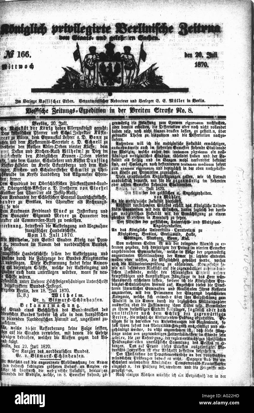 Presse/Medien, Zeitschriften/Zeitschriften, "Königliche Privatzeitung", Nummer 166, Berlin, 20.7.1870, "Vossische Zeitung", Zeitung, Zeitschrift, Preßburg, Deutschland, 19. Jahrhundert, Stockfoto