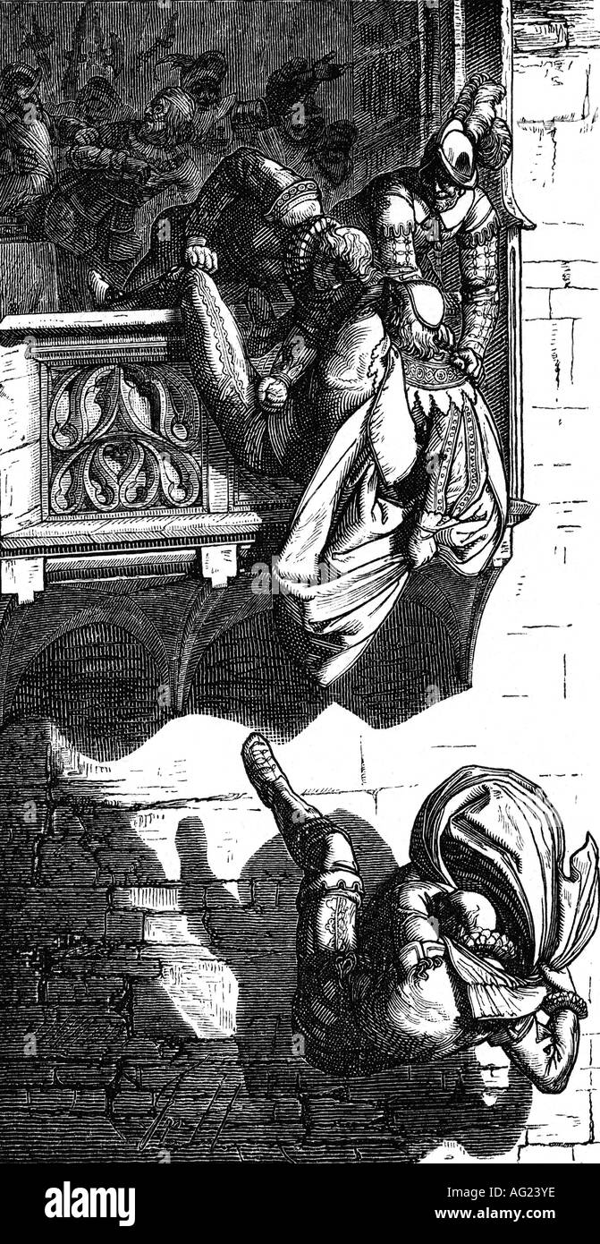 Ereignisse, Dreißigjähriger Krieg 1618 - 1648, zweite Vorherrschaft in Prag, 23.5.1618, Gravur, 19. Jahrhundert, böhmische protestanten, kaiserliche Ratgeber, Böhmen, 2., historisch, historisch, 17. Jahrhundert, Menschen, Stockfoto