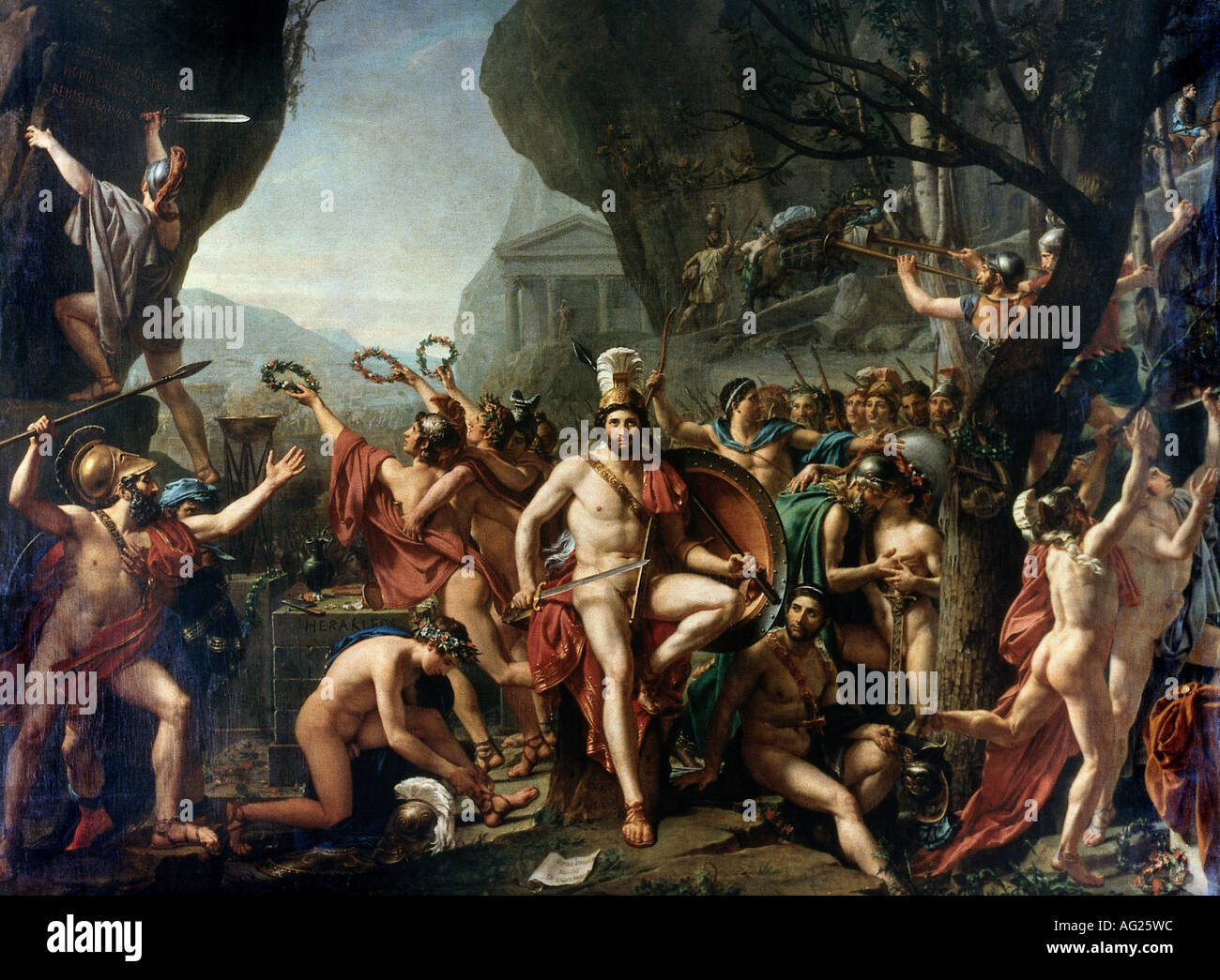 Leonidas I., König von Sparta, 490 - 480 v. Chr., Schlacht bei Thermophylae 480 v. Chr., Gemälde von Jacques Louis David, 1814, Louvre, Stockfoto