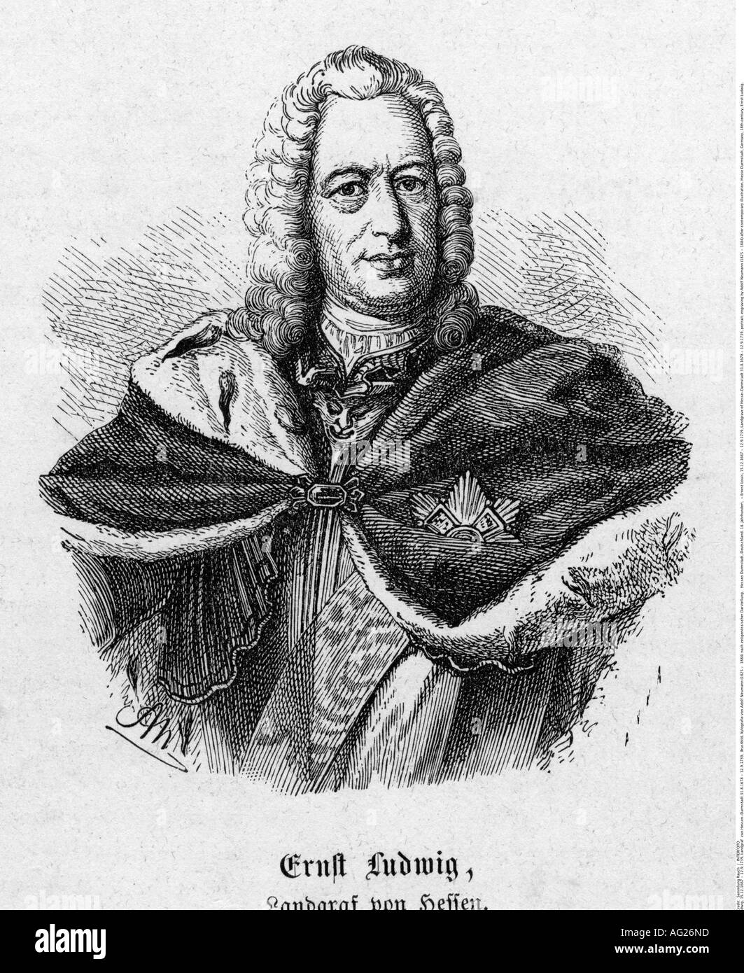 Ernest Louis, 15.12.1667 - 12.9.1739, Landgraf von Hessen-Darmstadt-31.08.1678 - 12.9.1739, halbe Länge, Gravur von Adolf Neumann (18-1884er) nach zeitgenössischer Illustration, Hessen-Darmstadt-Deutschland, 18. Jahrhundert, Ernst Ludwig, Stockfoto