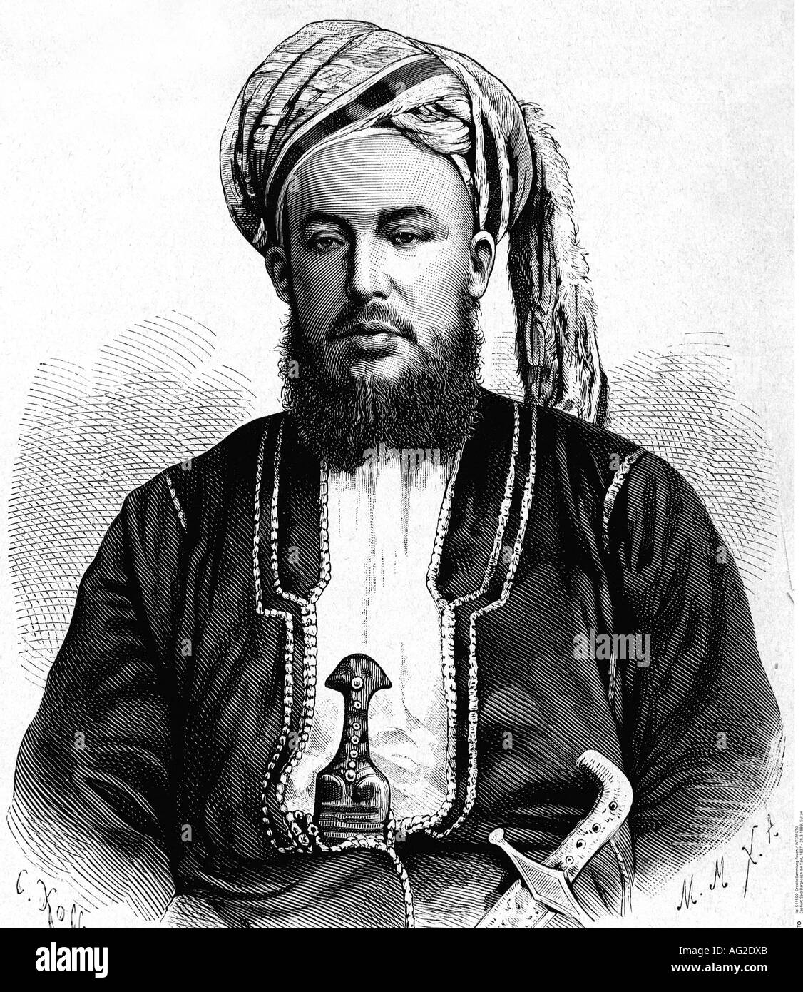 Sayyid Barghash bin Said, 1837 - 26.3.1888, Sultan von Sansibar 7.10.1870 - 26.3.1888, Porträt, Gravur nach Zeichnung von Carl Kolb, 1887-19.Jahrhundert, muslim, Stockfoto