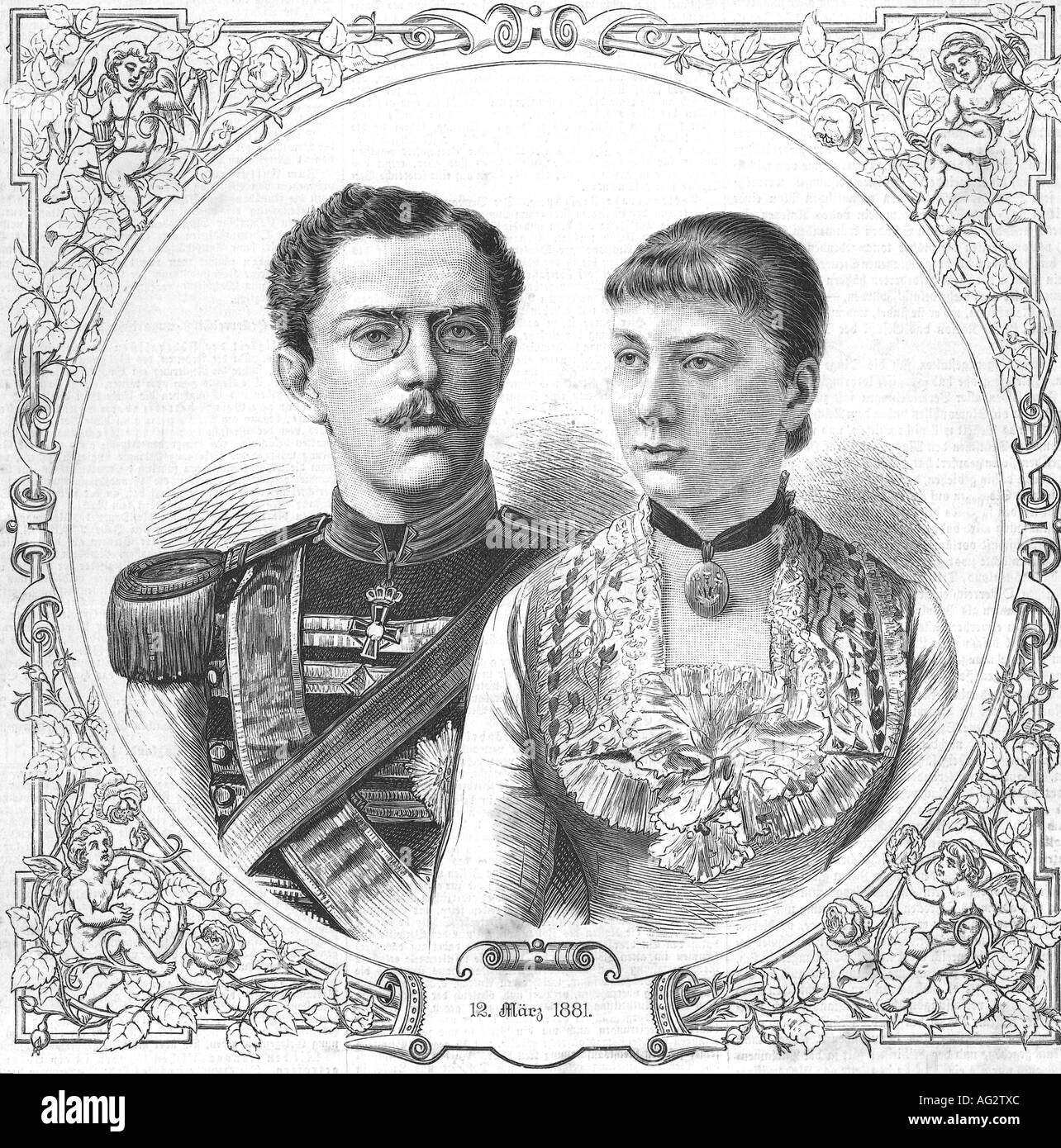 Gustaf V, 16.6.1858 - 29.10.1950, König von Schweden 8.12.1907 - 29.10.1950, mit Fianz Victoria von Baden, Gravur zur Verlobung 12.3.1881, Bernadotte, Krone, Prinzessin, Königin, Viktoria, 19. Jahrhundert, Frau, Stockfoto