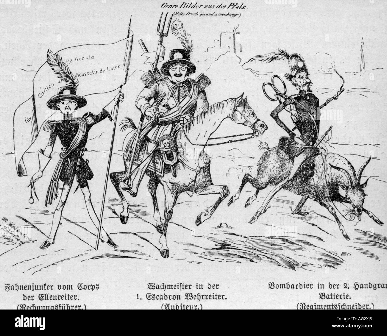 Militär, Karikatur, "Genrebilder aus der Pfalz" ("Genrebilder aus dem Palatin"), 1849, Zeichnung von Hocklenbroich, Revolution 1848, Deutschland, 19. Jahrhundert, Stockfoto