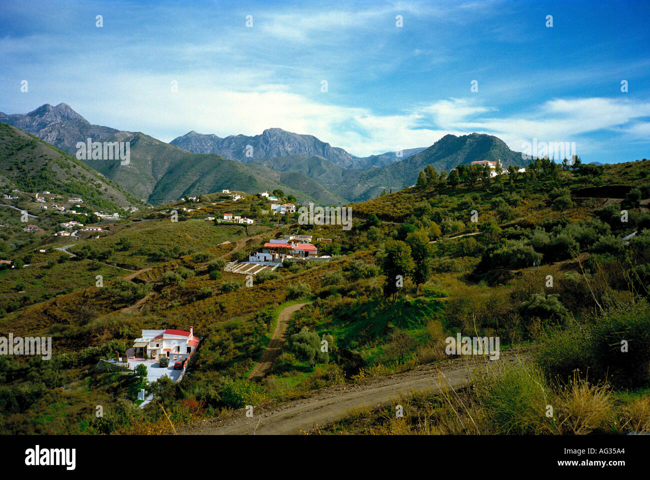 Ein Land-Blick in den Ausläufern der Sierra Almijara auf dem Weg nach Competa in der Nähe von Nerja, Andalusien, Spanien Stockfoto