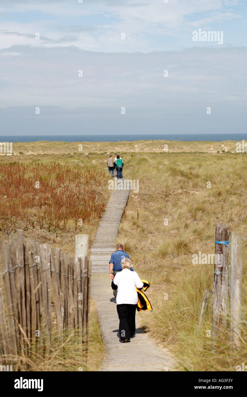 Urlauber auf Holzstegen überquert Sanddünen in Richtung Strand an Blakeney Point, England Stockfoto Urlauber auf Holzstegen überquert Sanddünen in Richtung Strand an Blakeney Point, England Stockfoto