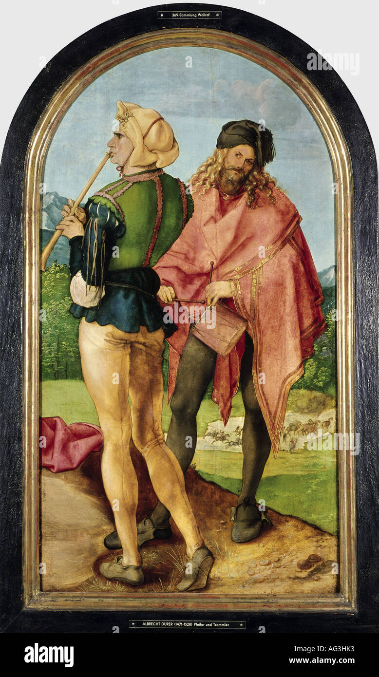 Bildende Kunst, Dürer, Albrecht (1471 - 1528), Malerei, "Pfeifer und Trommler", ca. 1504, Lindenholz, 93 cm x 51 cm, Wallraf-Richartz-Museum, Köln, Artist's Urheberrecht nicht gelöscht werden Stockfoto