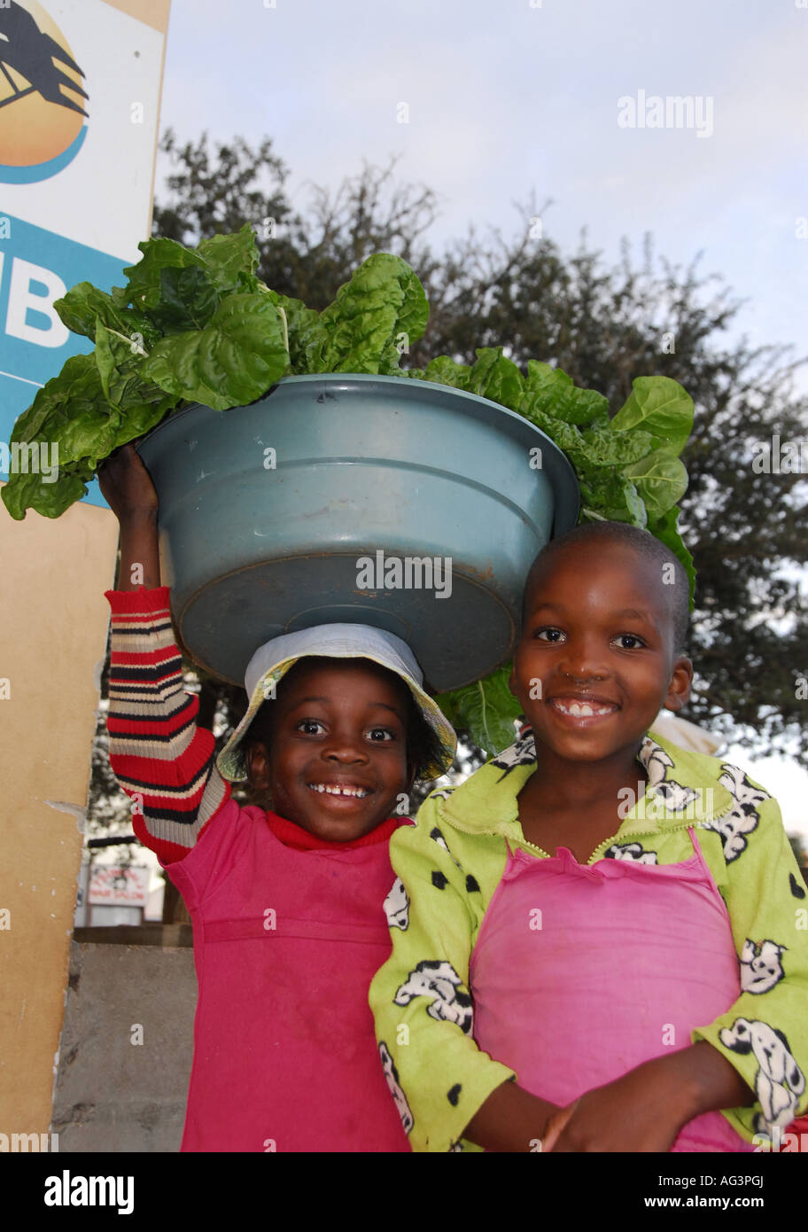 Zwei Zulu Mädchen tragen frisches Gemüse auf den Markt, Kwazulu Natal, Südafrika Stockfoto
