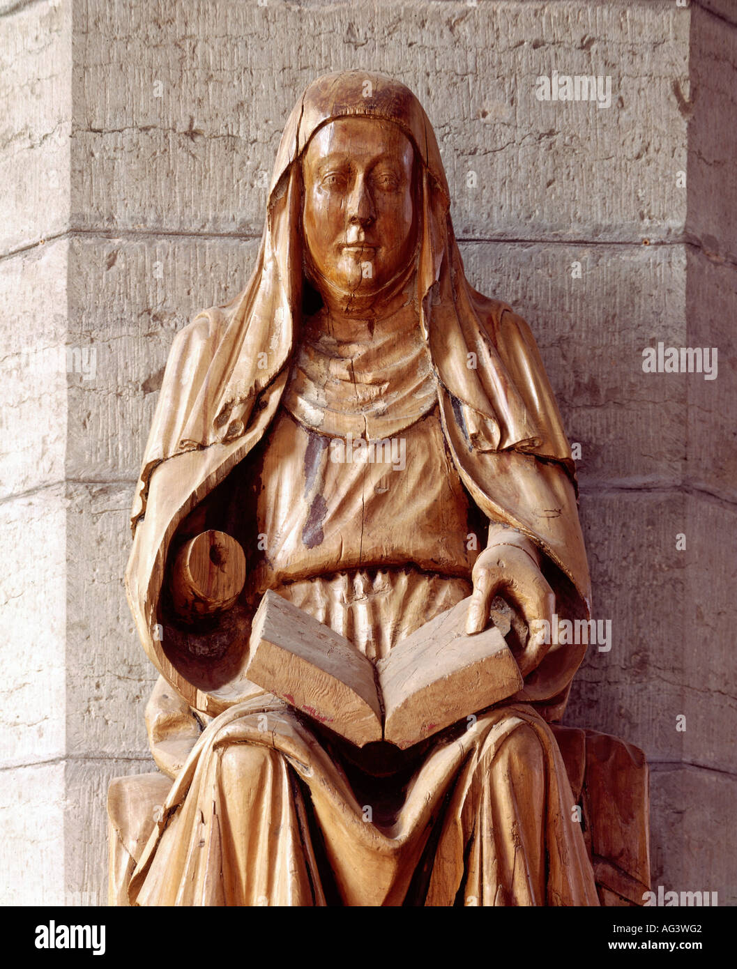 Birgitta, ca. 1303 - 23.7.1373, Heiliger, Gründer des Bridgettiner Orden (ca. 1346), sitzend mit Buch, Skulptur, Holz, Vadstena, Münster, ca. 1470, Stockfoto