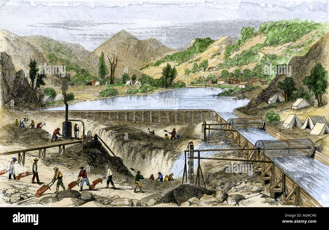 Fluss an Mörder Bar während des kalifornischen Goldrausches von 1850. Hand - farbige Holzschnitt Stockfoto