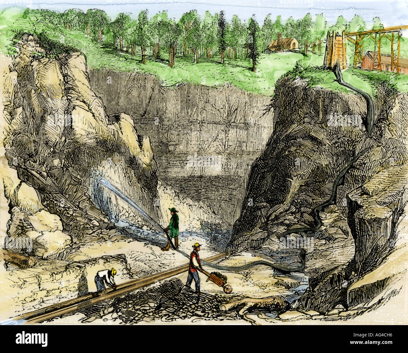 Hydraulische Bergbau an französischen Corral während des kalifornischen Goldrausches von 1850. Hand - farbige Holzschnitt Stockfoto