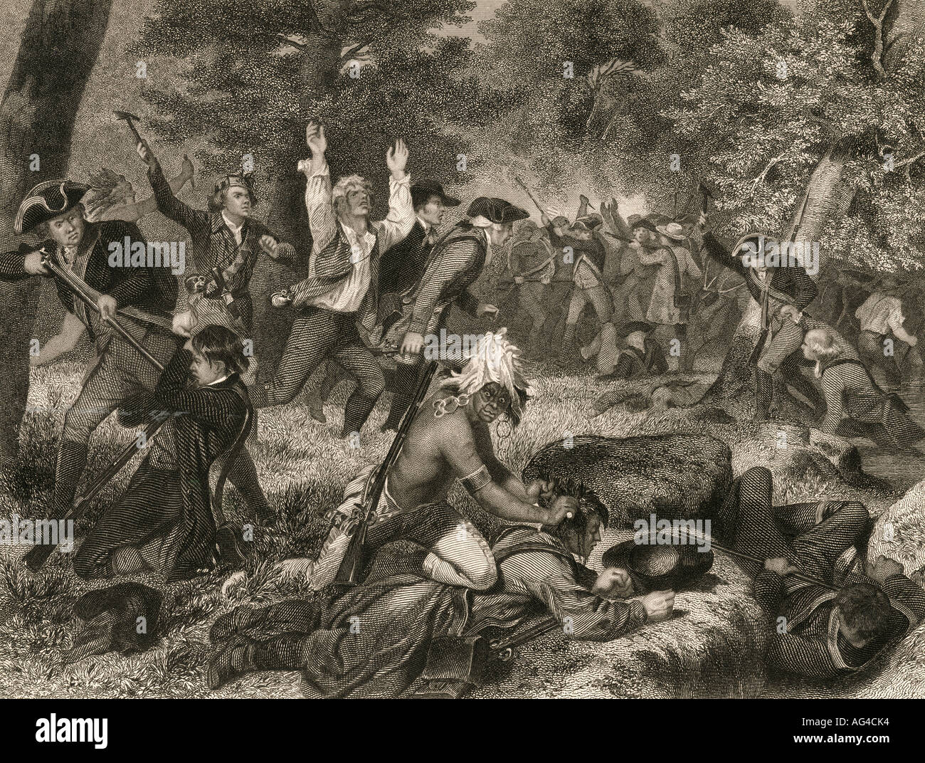 Massaker von Wyoming Valley Siedler durch die Briten und ihre indianischen Verbündeten 1778. Gravur Stockfoto
