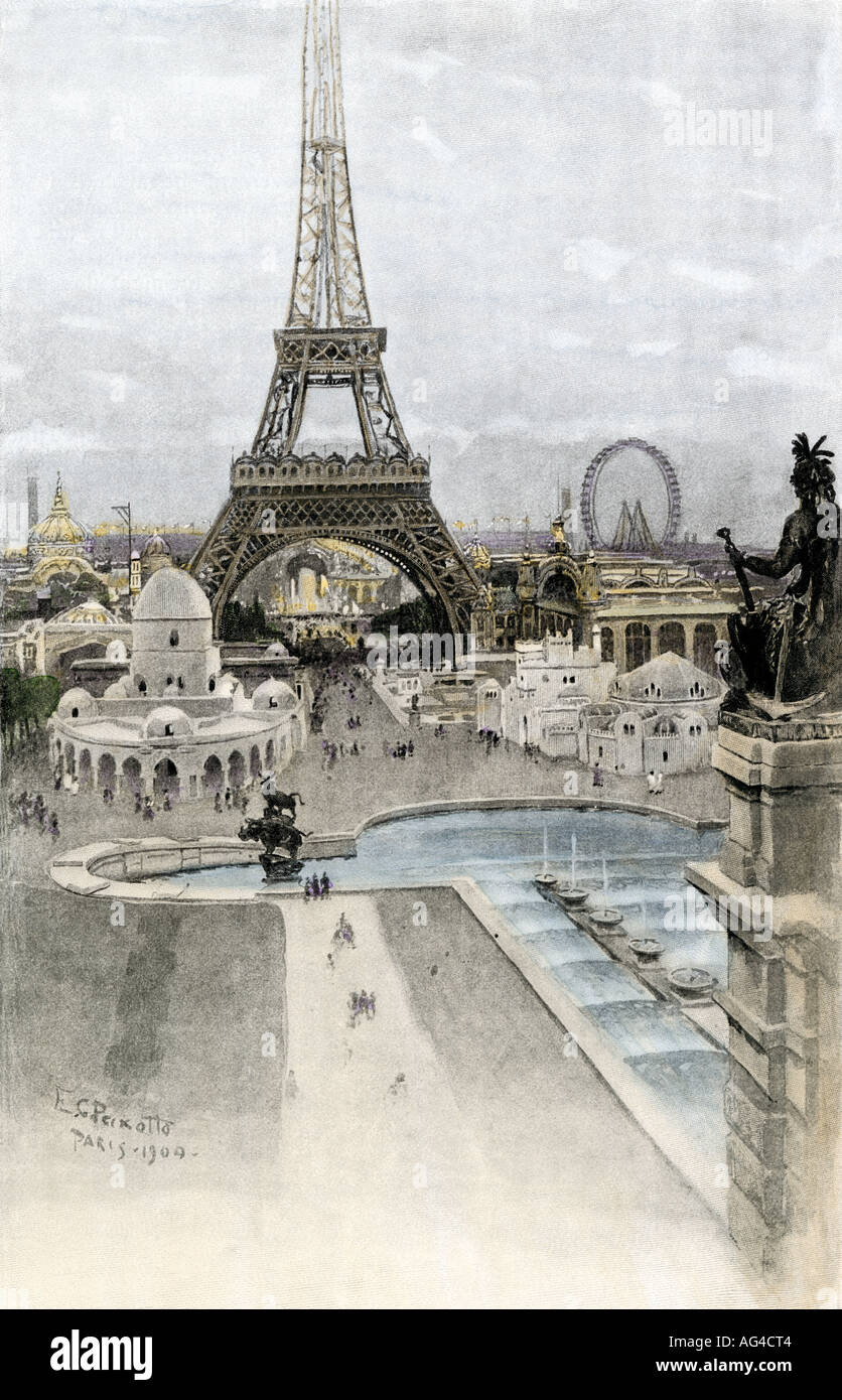 Eiffelturm unter Gebäude der 1889 Paris Exposition. Handcolorierte halftone einer Abbildung Stockfoto