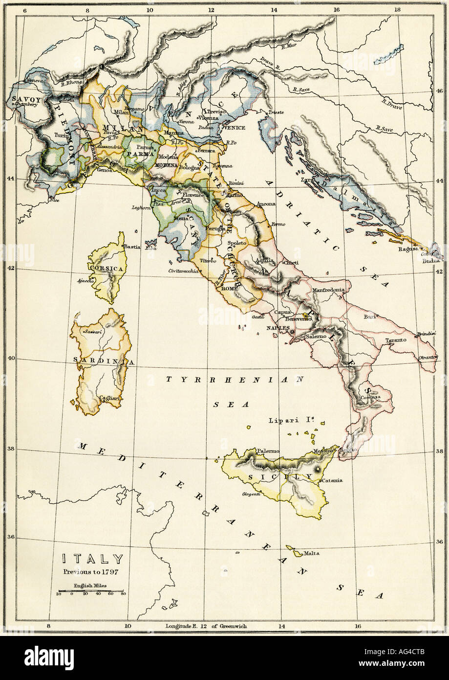 Karte von Italien mit politischen Trennungen vor 1797. Farblithographie Stockfoto