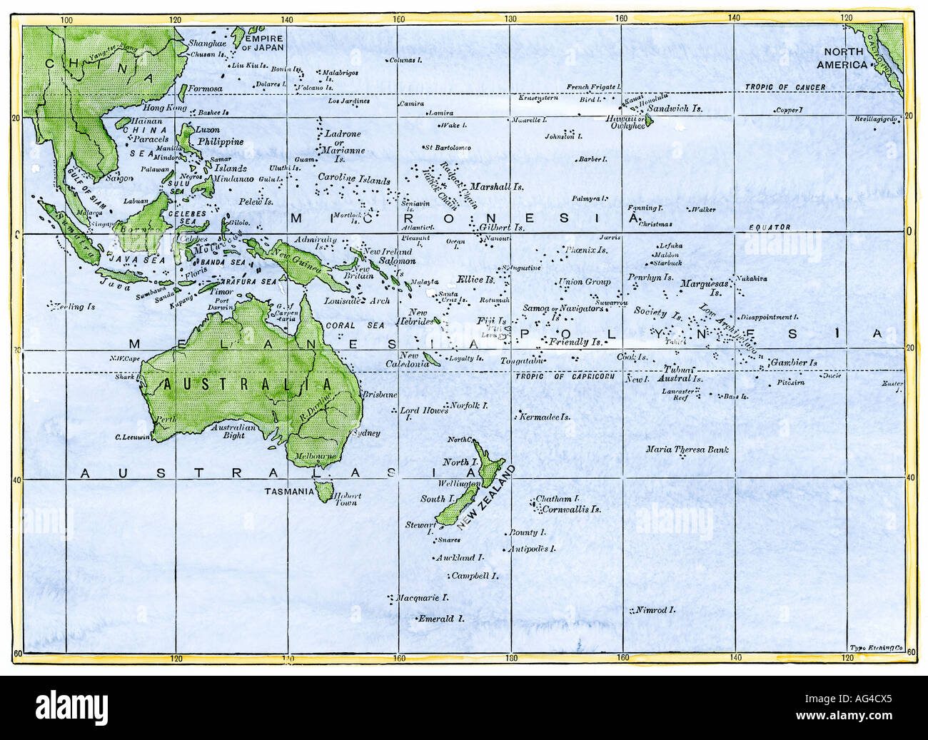 Karte von Ozeanien und Pazifik Insel Gruppen 1800. Hand - farbige Holzschnitt Stockfoto