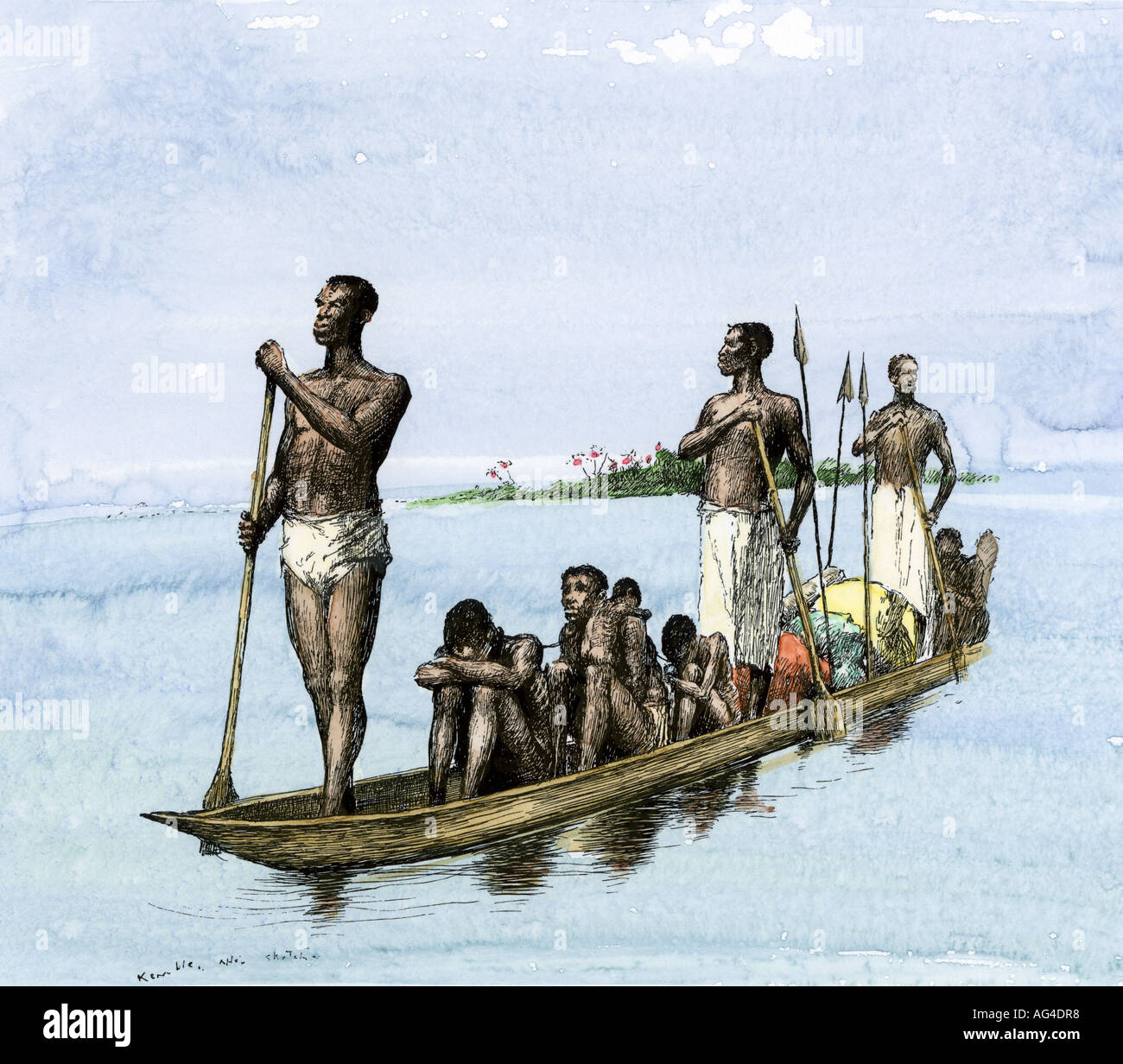 West African native Kanu voller Gefangenen als Sklaven verkauft zu werden. Hand - farbige Holzschnitt von einem E. W. Kemble Abbildung Stockfoto