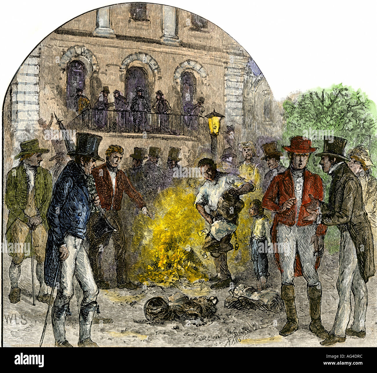 Sklaverei Befürworter brennen Sklavenbefreiung Dokumente in Charleston South Carolina in den 1830er Jahren. Hand - farbige Holzschnitt Stockfoto