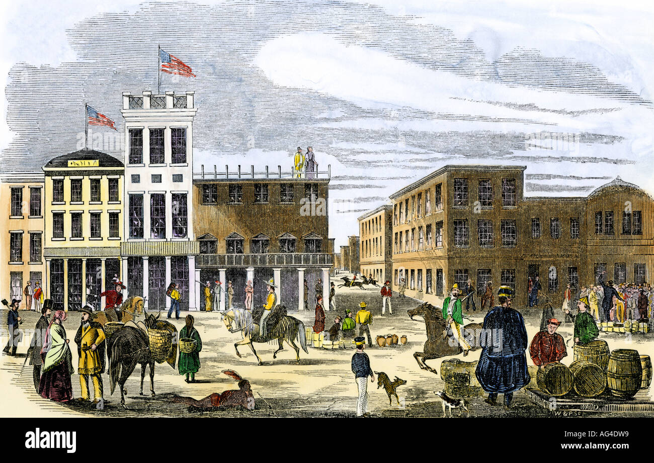 Montgomery Street in San Francisco mit hombres jeder Beschreibung 1851. Hand - farbige Holzschnitt Stockfoto