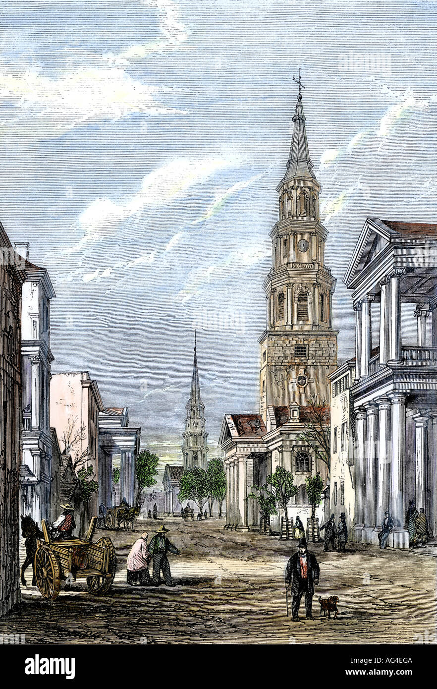 Straße in Charleston South Carolina im Jahre 1861. Hand - farbige Holzschnitt Stockfoto