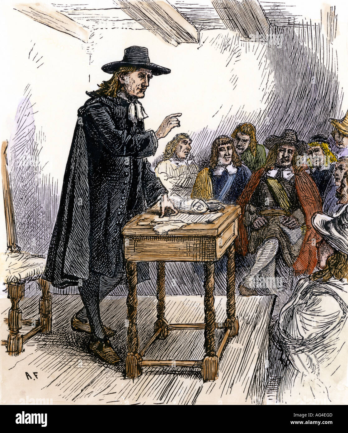 Ansprache von Johannes Archdale auf die koloniale Carolina Versammlung 1696. Hand - farbige Holzschnitt Stockfoto