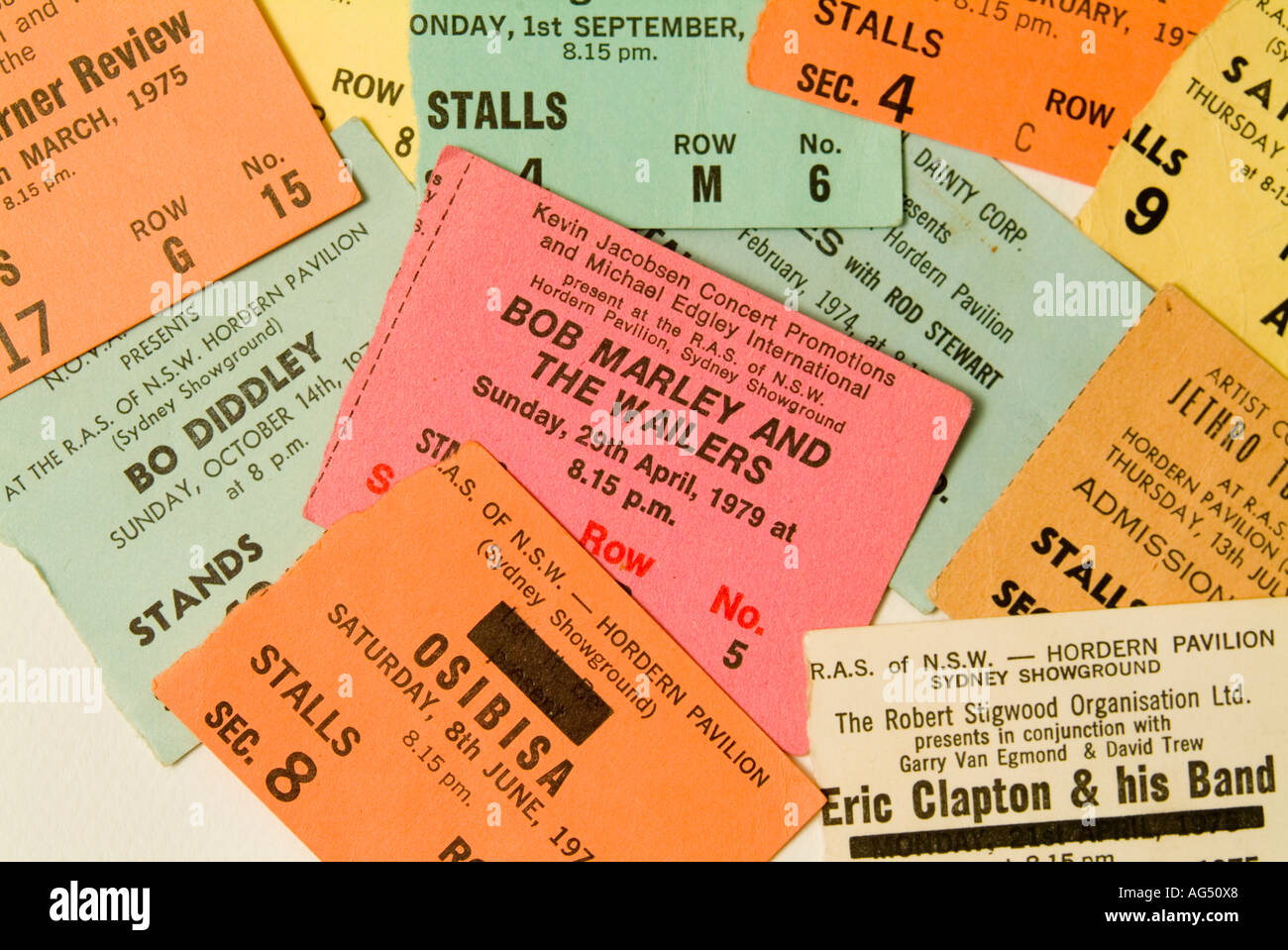 Musik aus den 70er Jahren eine Sammlung von Rock'n'Roll-Konzert-tickets Stockfoto