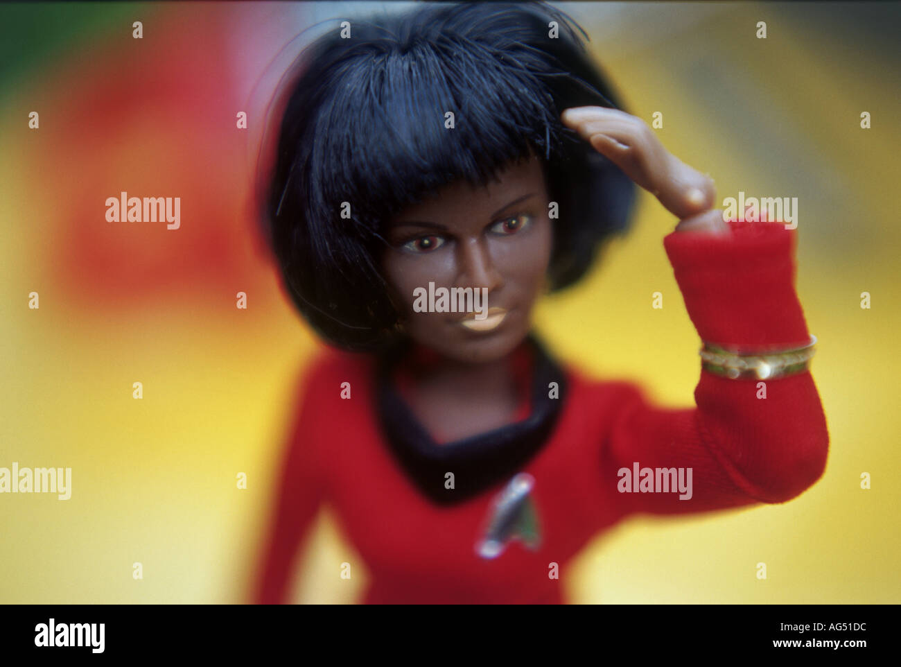 Puppe von Lieutenant Uhura in Starfleet Kostüm aus der TV-show Star Trek Stockfoto