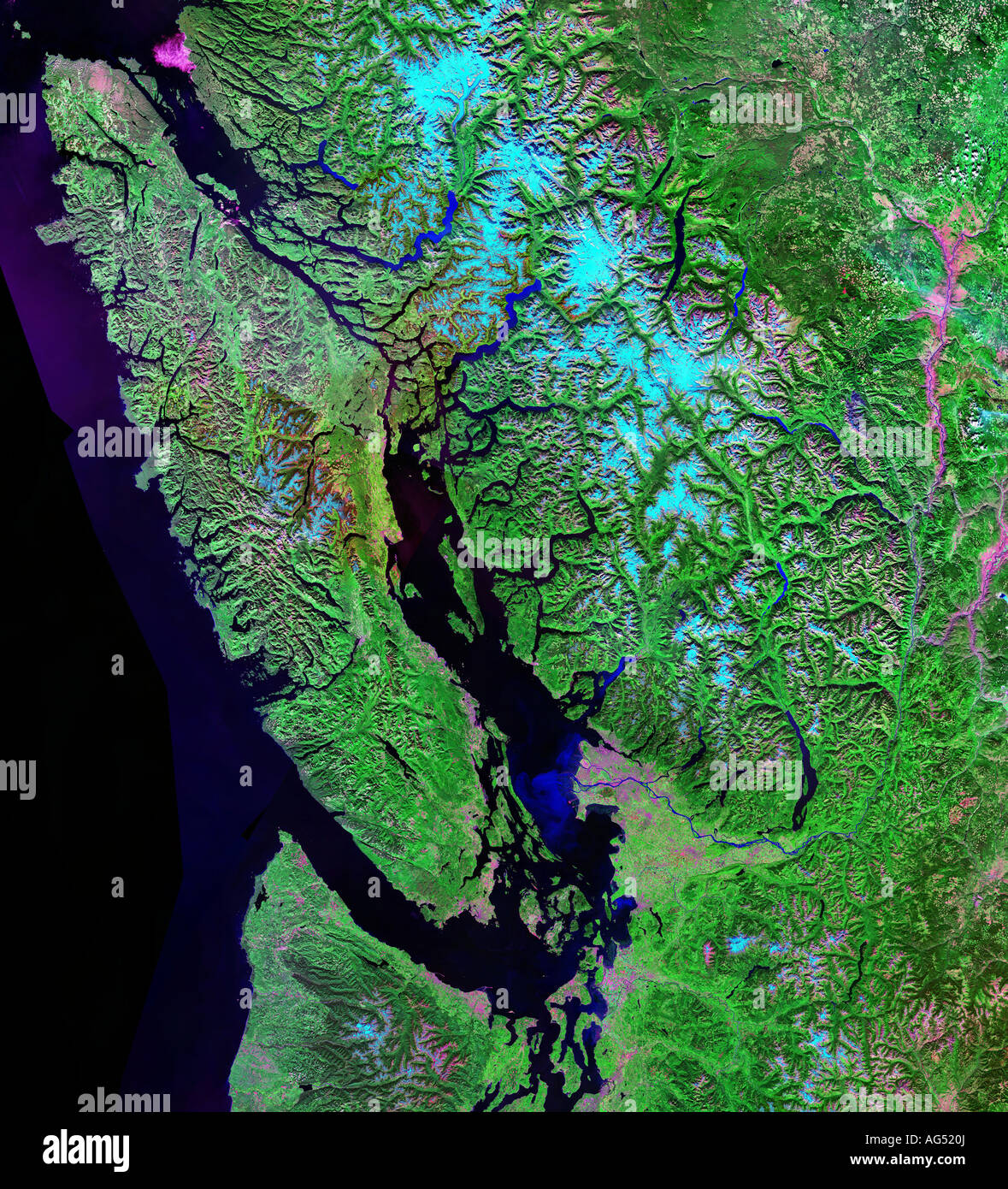 Hoch über Vancouver - Satelliten Composite von Vancouver Island und die untereren Festland von British Columbia Kanada Stockfoto