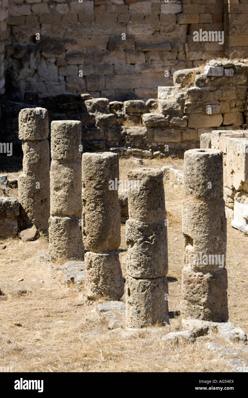 Antike Kamiros, zerstörten Häuser und Tempel aus der hellenistischen Zeit auf der griechischen Insel Rhodos Stockfoto